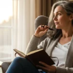 Mulher de 45 anos em momento de reflexão com mensagens de autoconhecimento para recomeçar sua vida
