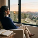 Mulher refletindo sobre a vida e o autoconhecimento em um momento de pausa