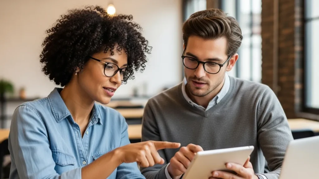 Mentoria entre gerações no trabalho - profissional experiente compartilhando conhecimento com colega mais jovem