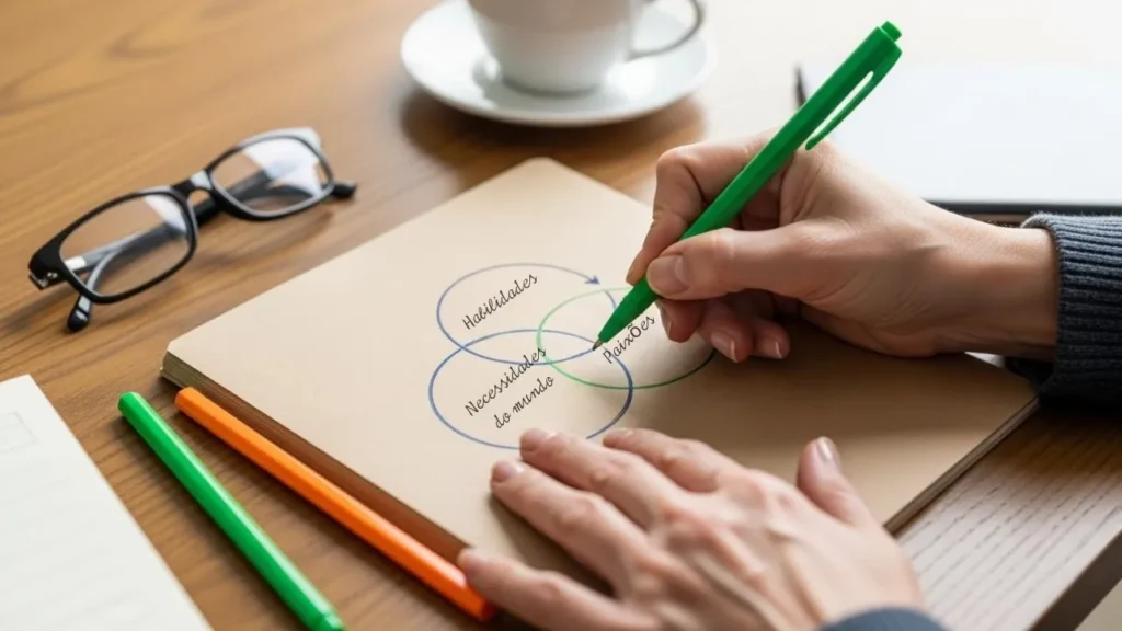 Diagrama dos três círculos para descobrir propósito aos 40 anos - método prático de autoconhecimento