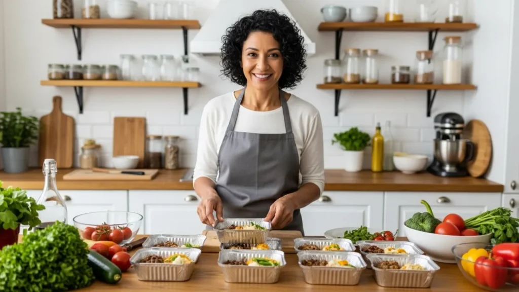 Mulher de 45 anos preparando marmitas saudáveis em cozinha caseira - empreendedorismo aos 40
