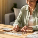 Pessoa de 50 anos fazendo poupança inteligente organizando dinheiro em casa