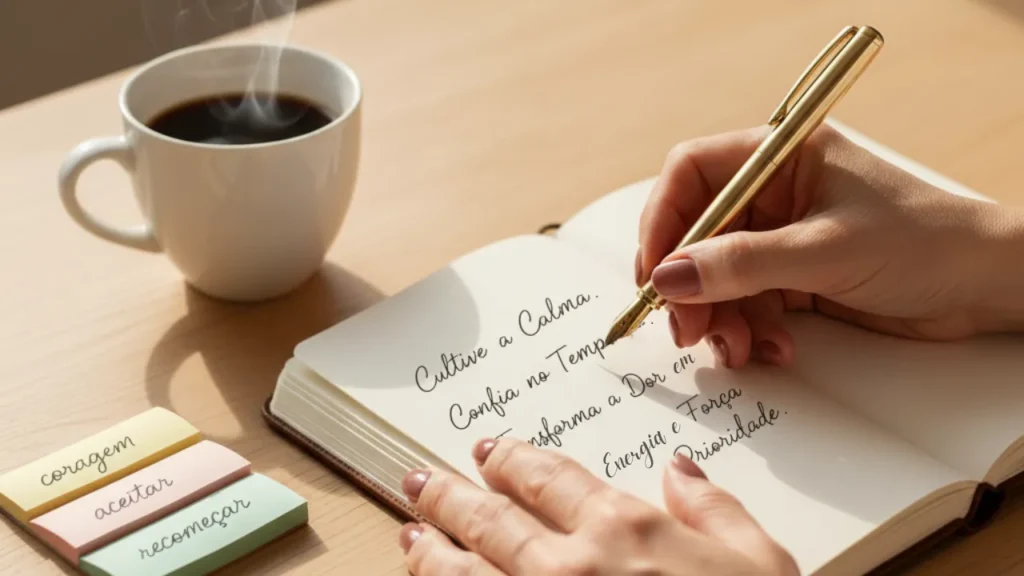 Mãos escrevendo frases de autoconhecimento em diário pessoal com post-its motivacionais