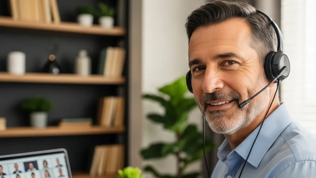 Homem de 50 anos em atendimento online ao cliente - carreira em alta para maduros