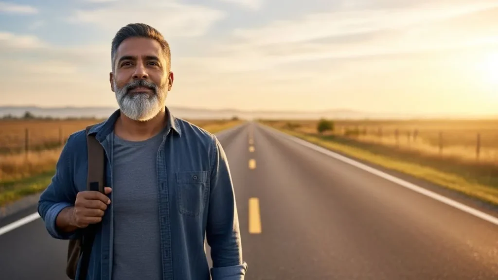 Homem de 40 anos iniciando nova jornada de propósito com determinação e clareza