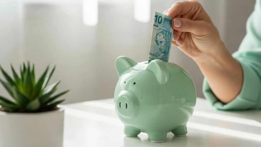 Cofrinho com dinheiro representando reserva de emergência e poupança inteligente