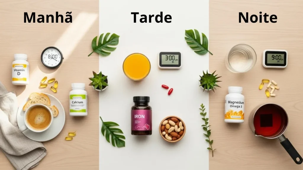 Rotina diária organizada de suplementos vitamínicos com copo de água café da manhã e relógio mostrando horários diferentes para tomar vitaminas