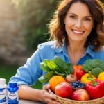 Mulher de 45 anos sorrindo segurando variedade de alimentos frescos ricos em vitaminas e minerais com frascos de suplementos ao lado mostrando saúde e vitalidade