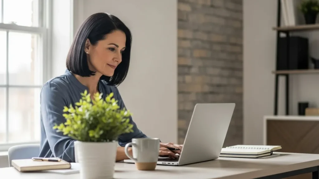 Profissional 40 anos trabalhando remotamente demonstrando adaptabilidade e habilidades digitais