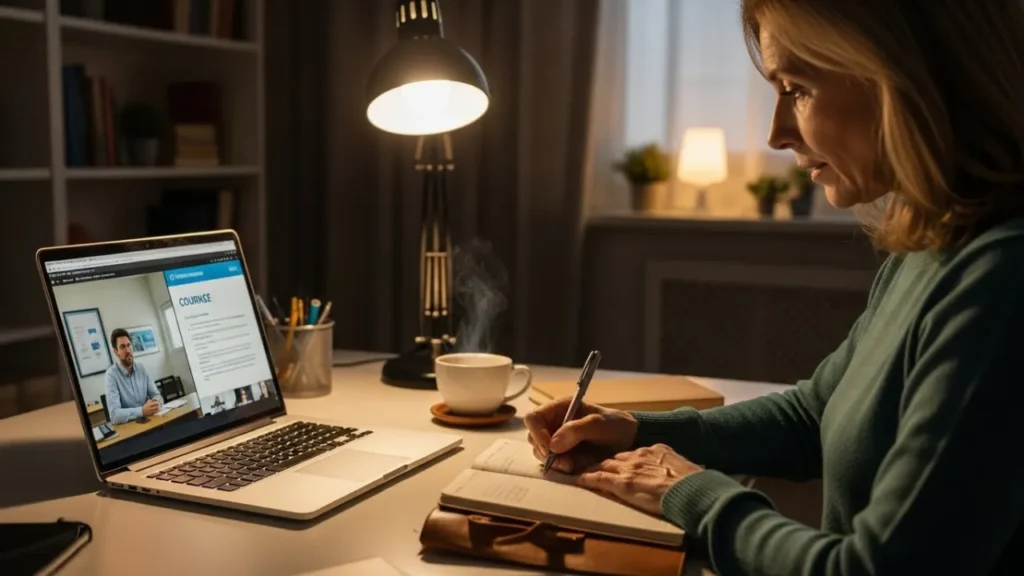 Profissional maduro desenvolvendo novas soft skills através de curso online e autodesenvolvimento