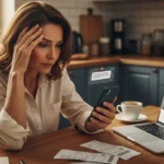 Mulher preocupada aos 40 anos verificando mensagem suspeita no celular sobre possível golpe digital