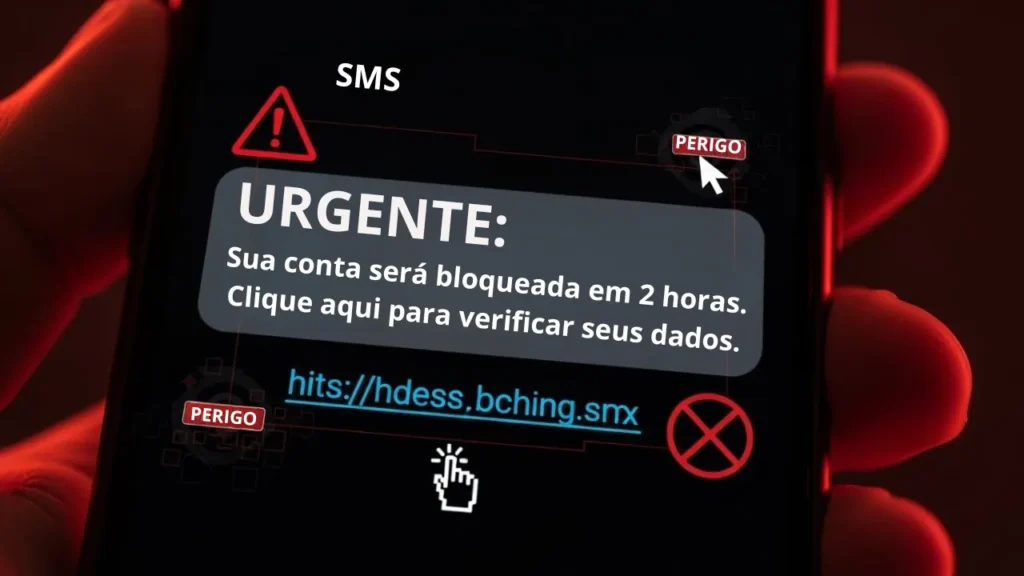 Exemplo de mensagem falsa de banco com link malicioso usado em golpe de phishing contra clientes