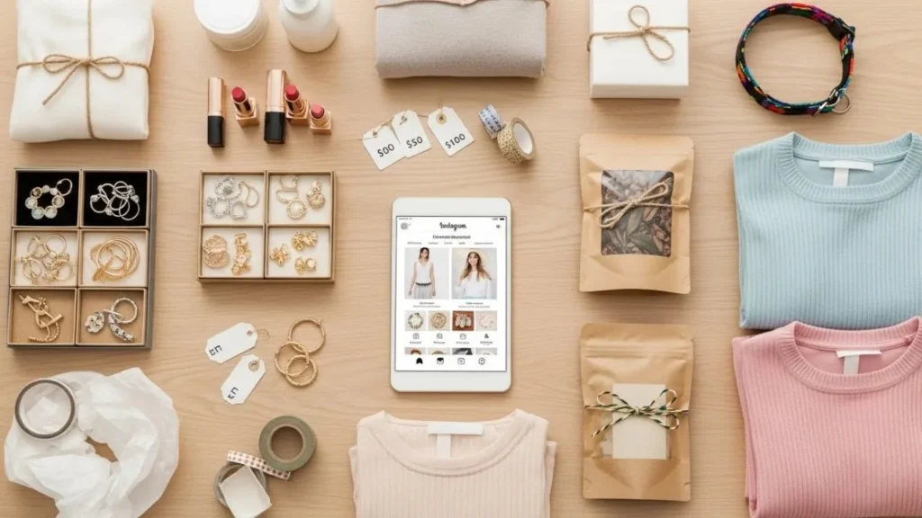 Produtos para revenda online lucrativos organizados em mesa: bijuterias, cosméticos, roupas e acessórios com etiquetas de preço