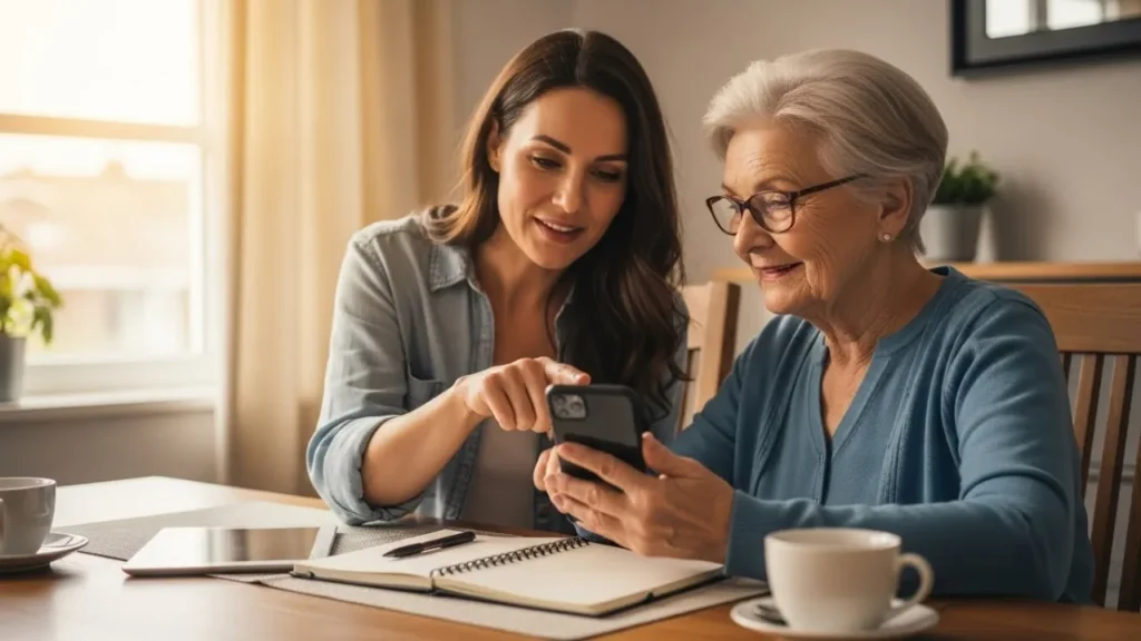 Filha ensinando mãe idosa sobre segurança digital e como se proteger de golpes online no celular