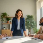 Profissional madura de 40 anos liderando reunião de equipe demonstrando soft skills e comunicação eficaz