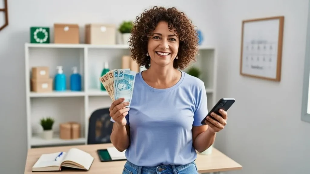 Empreendedora de 50 anos bem-sucedida na revenda online mostrando satisfação com resultados financeiros do negócio.