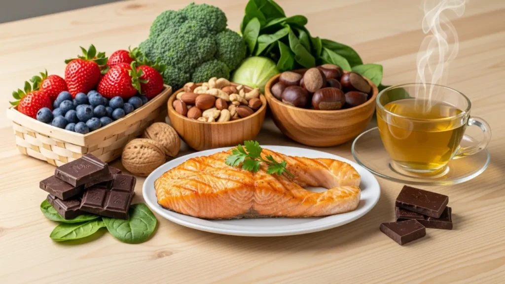 Alimentos saudáveis para memória e cognição incluindo salmão nozes frutas vermelhas e vegetais verdes.