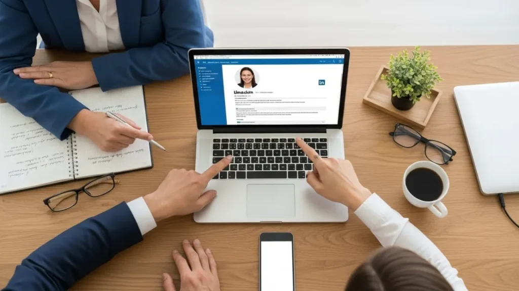 Profissional 40+ aprendendo LinkedIn com mentor jovem durante mentoria reversa para desenvolvimento de carreira digital