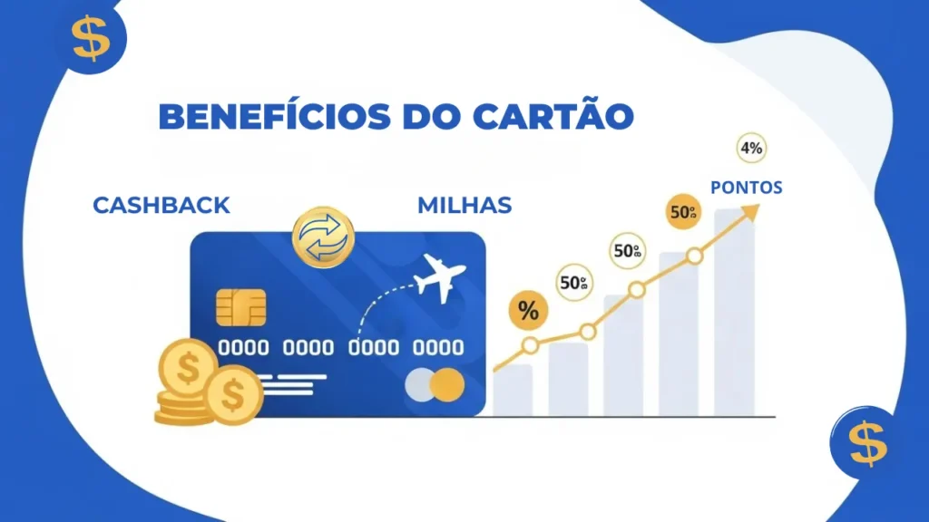 Ilustração de benefícios do cartão de crédito mostrando cashback e acúmulo de milhas para pessoas 40+