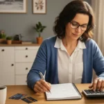 Pessoa acima dos 40 anos organizando finanças pessoais e usando cartão de crédito de forma consciente em casa.