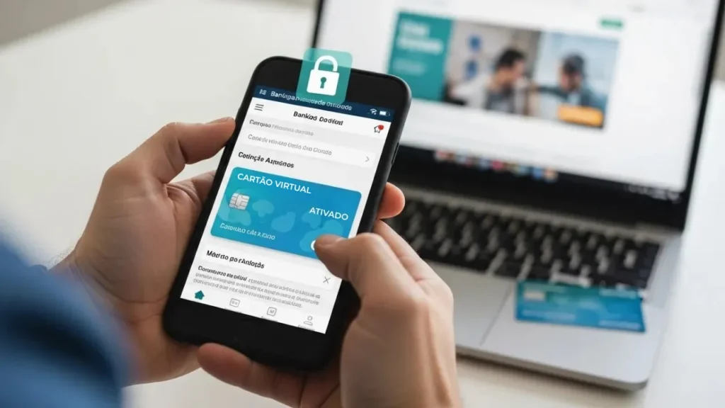 Pessoa 40+ usando cartão virtual no smartphone para compras online seguras e proteção contra fraudes.