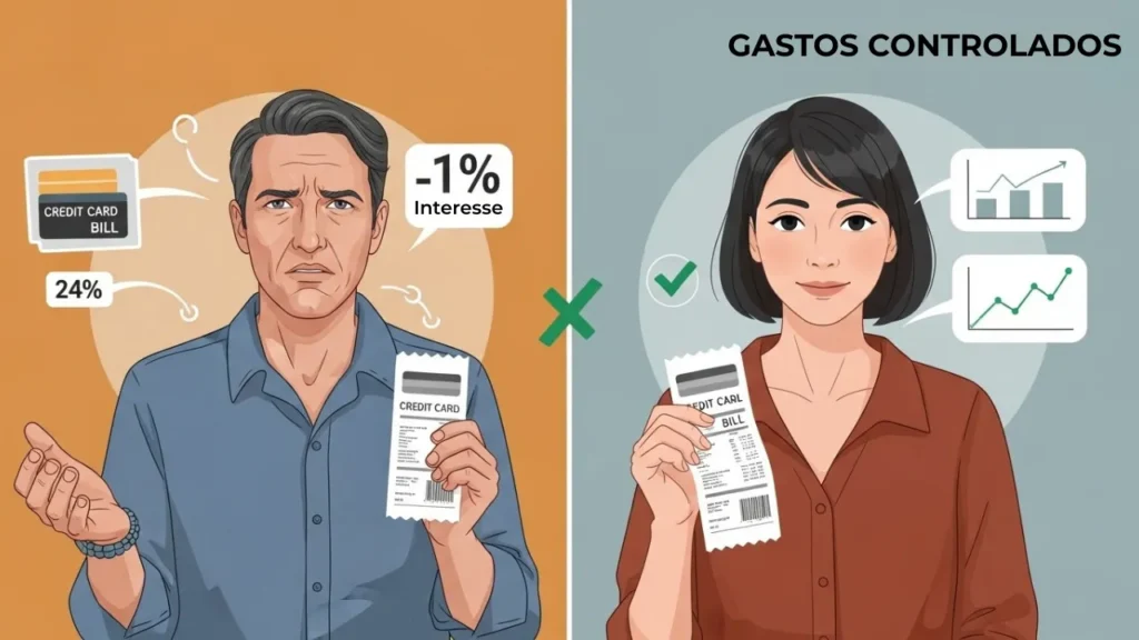 Comparação visual entre uso descontrolado e uso consciente do cartão de crédito para pessoas acima de 40 anos.