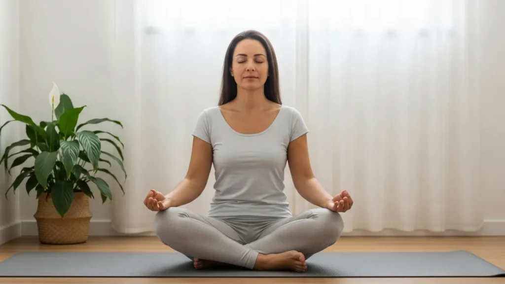 Mulher acima de 40 praticando meditação mindfulness para melhorar foco memória e reduzir estresse.