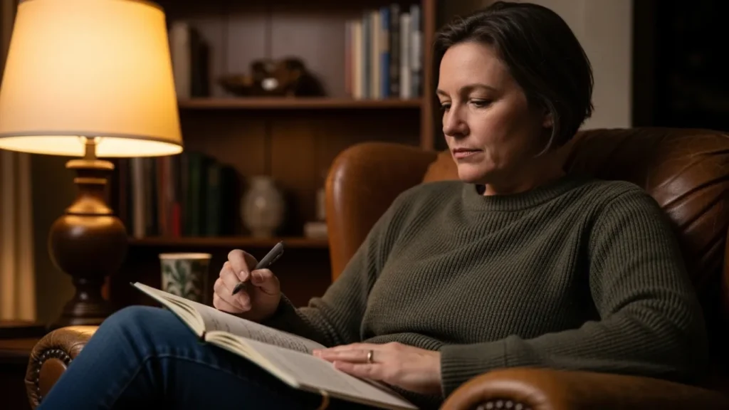 Adulto maduro praticando autoconhecimento emocional através da escrita reflexiva após os 40.