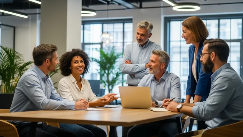 Profissionais maduros praticando inteligência emocional e empatia no ambiente de trabalho