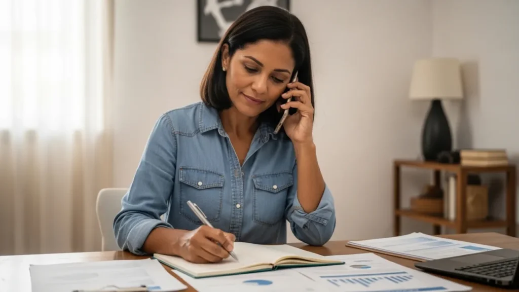 Mulher 40+ negociando dívidas bancárias por telefone com anotações financeiras sobre a mesa.