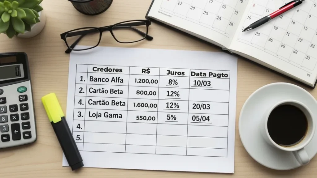 Planilha financeira com cálculo de dívidas e calendário de pagamentos para renegociação bancária