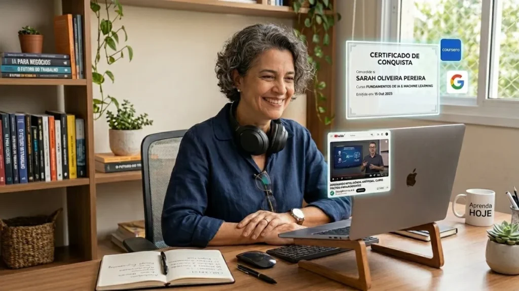Profissional maduro aprendendo ferramentas de inteligência artificial através de cursos gratuitos online
