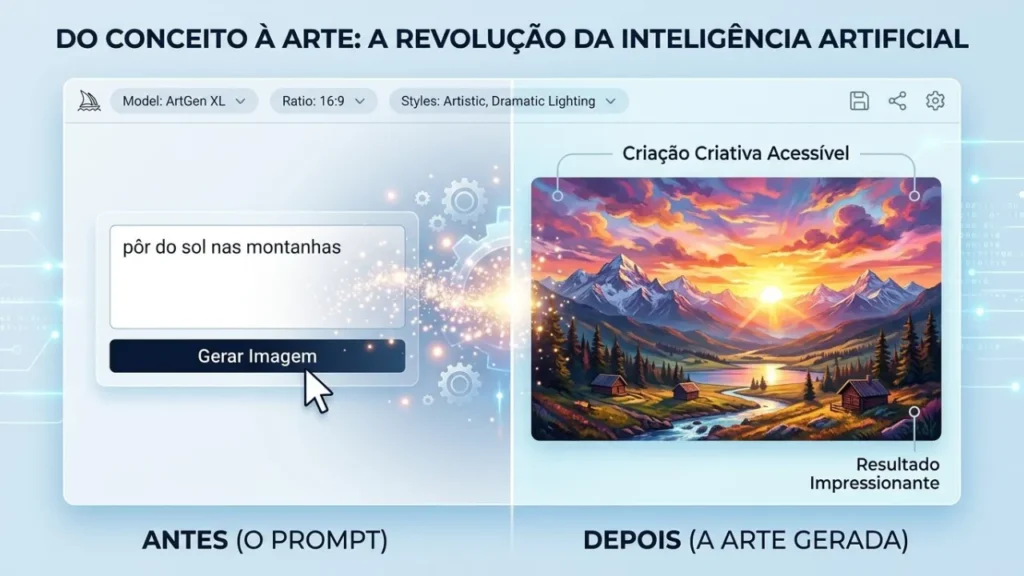 Criação de imagens com inteligência artificial transformando texto em arte profissional