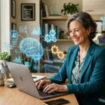 Profissional maduro usando inteligência artificial no trabalho com confiança e produtividade