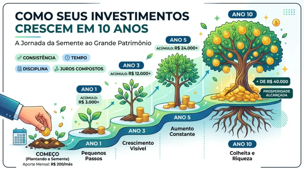 Gráfico mostrando crescimento de investimentos mensais transformando-se em renda passiva ao longo de 10 anos