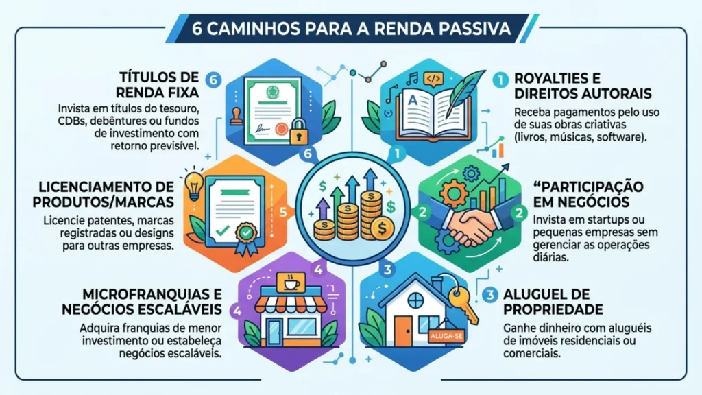 Infográfico mostrando seis formas diferentes de construir renda passiva depois dos 40 anos
