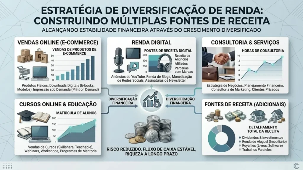 Múltiplas fontes de renda com carreira híbrida e diversificação financeira