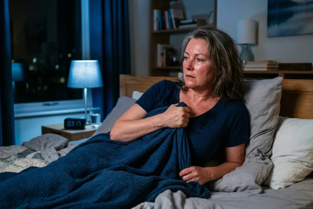 Mulher com fogachos e sintomas da menopausa durante a noite