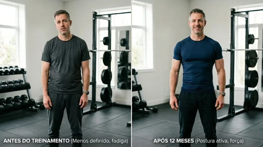 Comparação de força muscular antes e depois do treino em adultos acima dos 40 anos