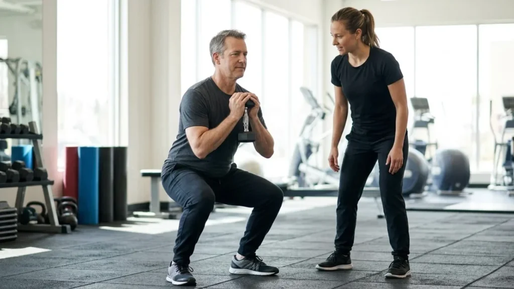 Instrutora orientando um adulto de mais de 40 anos em um agachamento leve com halter em uma academia