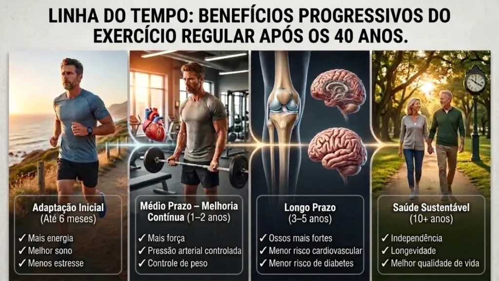 Linha do tempo mostrando os benefícios progressivos da prática regular de exercícios após os 40 anos, desde o aumento da energia até a longevidade e a prevenção de doenças.