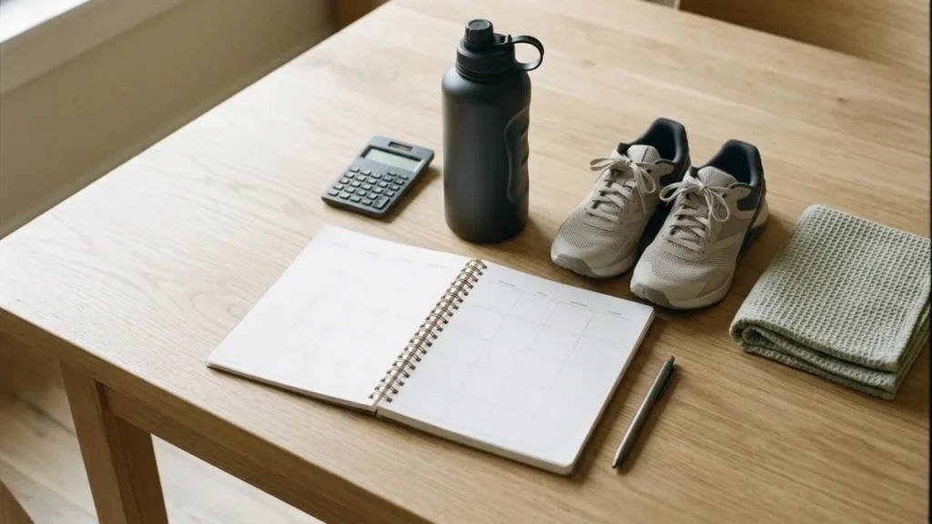 Mesa com agenda, calculadora, tênis de treino, toalha e garrafa de água para planejar o custo da academia.