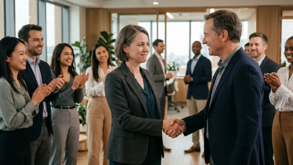 Profissional 40+ recebendo reconhecimento no trabalho e demonstrando insegurança
