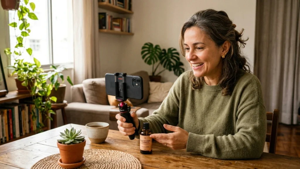 Pessoa 40+ demonstrando produto em vídeo autêntico para TikTok Shop
